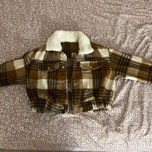 SHEIN Brown Plaid Jean Jacket with Sherpa Collar